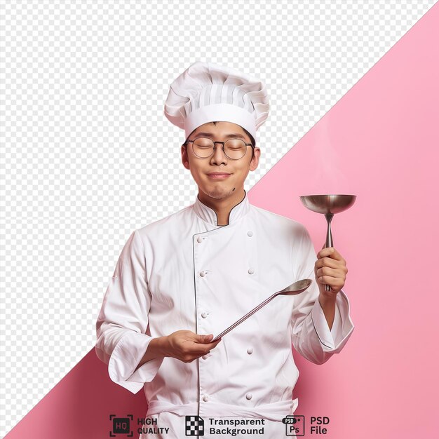 PSD um jovem chef satisfeito, de óculos, uniforme e boné, segurando uma chaleira, mantendo a mão no ar, fingindo cheirar o aroma da refeição com os olhos fechados.