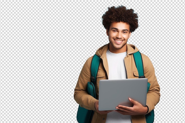 um jovem estudante com uma bolsa e um portátil isolado em um fundo transparente