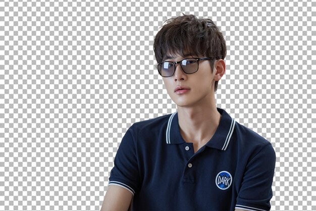 PSD um menino coreano vestindo uma jaqueta marrom com uma camisa preta com fundo transparente