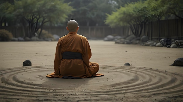 PSD um monge solitário sentado em meditação dentro de um tranquilo jardim zen