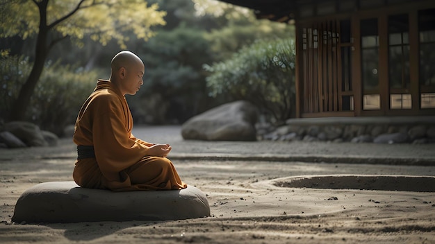 PSD um monge solitário sentado em meditação dentro de um tranquilo jardim zen