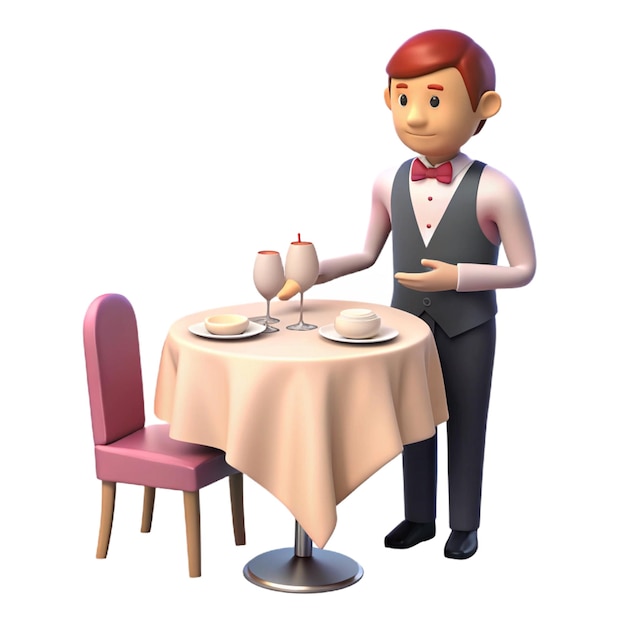 PSD um personagem de desenho animado está de pé em uma mesa com um copo de vinho e um prato de comida