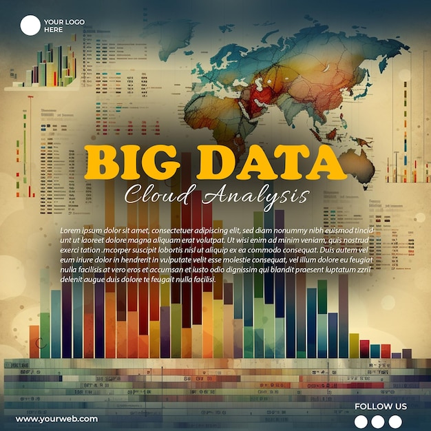 Um pôster para análise de nuvem de big data com um mapa-múndi e um mapa do mundo.