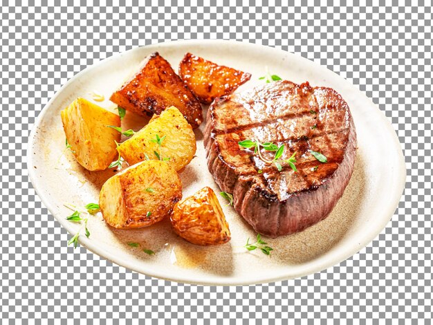 PSD um prato de bife com batatas e salsa em um fundo transparente