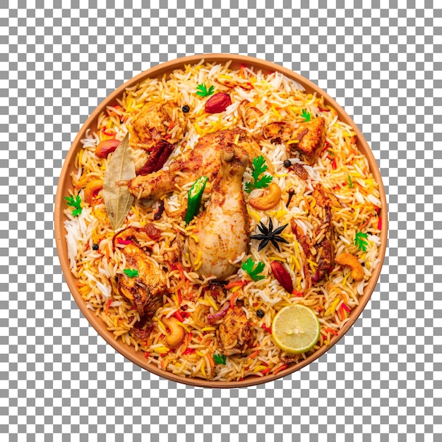 Um prato de frango biryani com frango e especiarias em fundo transparente