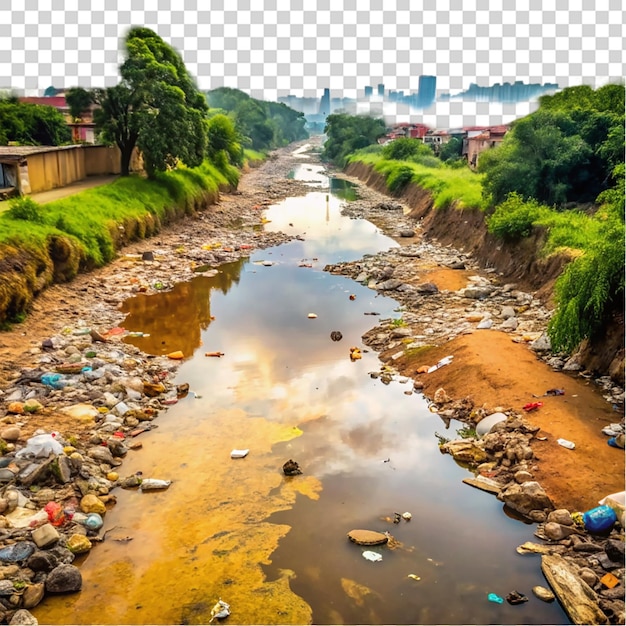 PSD um rio com uma mistura de água azul e marrom cercado por árvores verdes e grama em fundo transparente