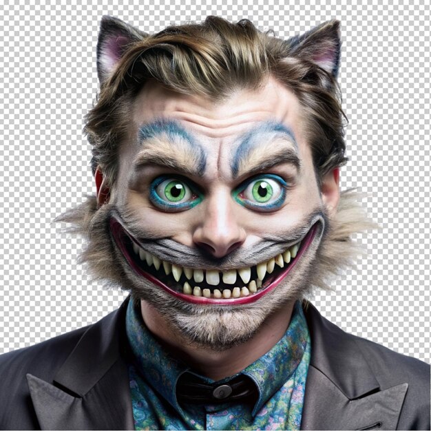 PSD um tipo parecido com um gato sorridente da alice em um fundo transparente.