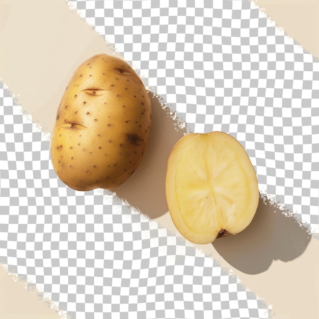 uma batata amarela e metade de um limão estão em um fundo xadrez