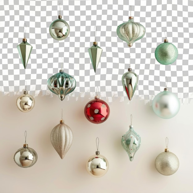 PSD uma coleção de ornamentos de natal pendurados em um fundo branco