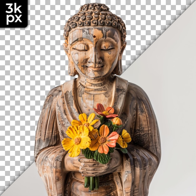 uma estátua de Buda segurando flores em suas mãos