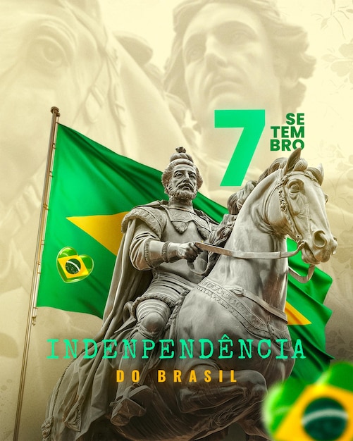 PSD uma estátua de um homem em um cavalo com uma bandeira verde no fundo