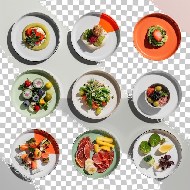 PSD uma mesa com pratos de comida, incluindo saladas, frutas e legumes