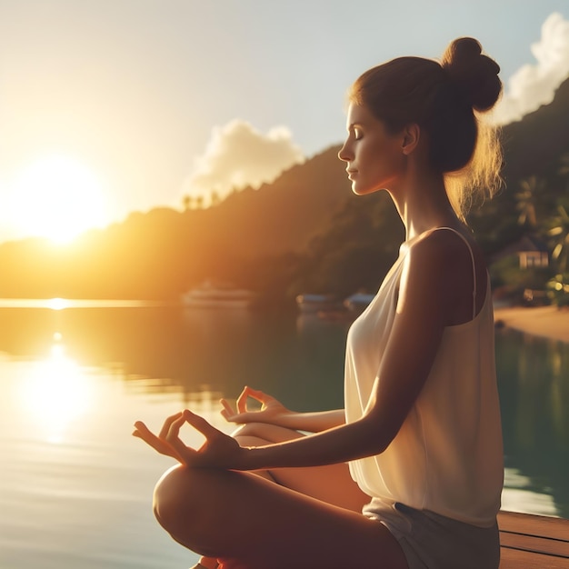 PSD uma mulher a meditar lá fora num dia ensolarado.