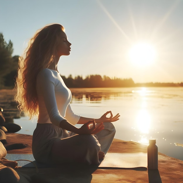 PSD uma mulher a meditar lá fora num dia ensolarado.