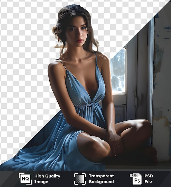 PSD uma mulher de vestido azul senta-se junto a uma janela olhando para fora com uma imagem transparente de uma frente sonhosa