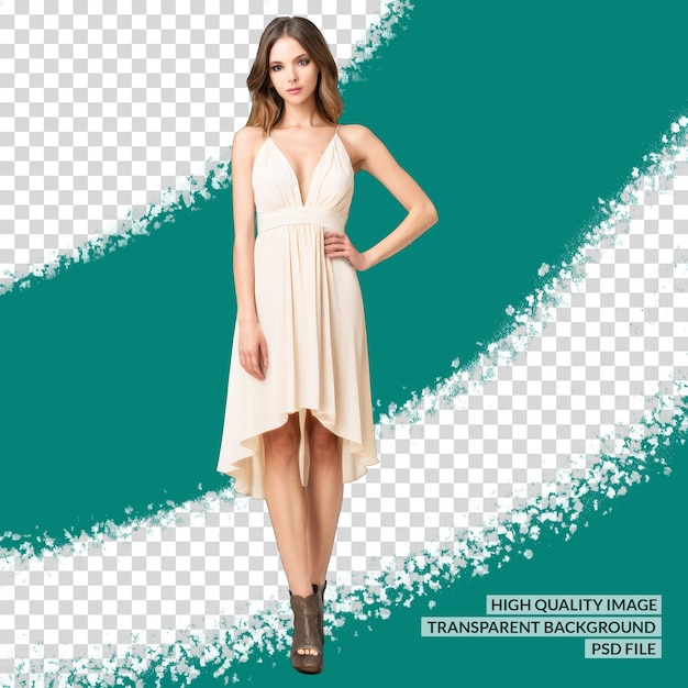 PSD uma mulher de vestido branco está em frente a um fundo listrado verde e azul