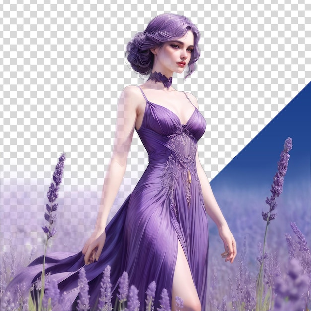 PSD uma mulher de vestido roxo está em um campo de lavanda