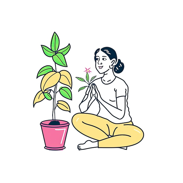 PSD uma mulher faz uma postura de ioga com uma ilustração de desenho animado de plantas