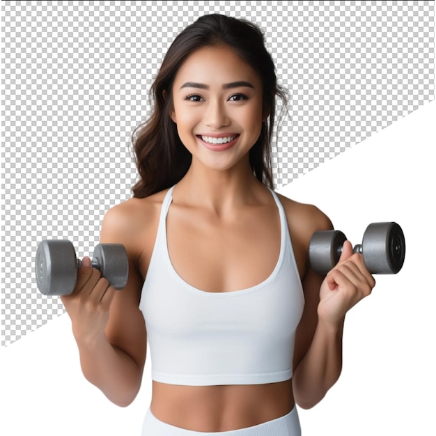 PSD uma mulher segurando dumbbells com um fundo branco