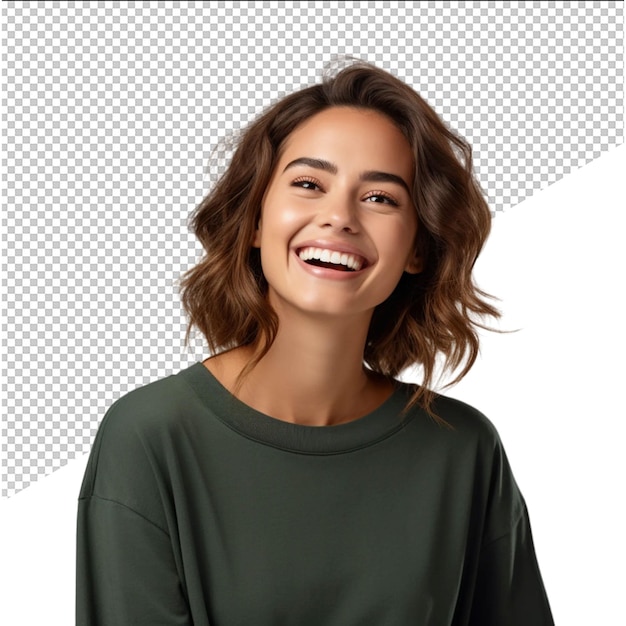 PSD uma mulher sorrindo e sorrindo com uma camisa verde