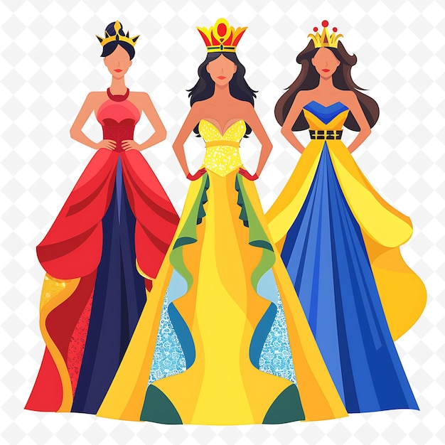 PSD uma série de três mulheres em um vestido colorido com a palavra princesa na parte superior