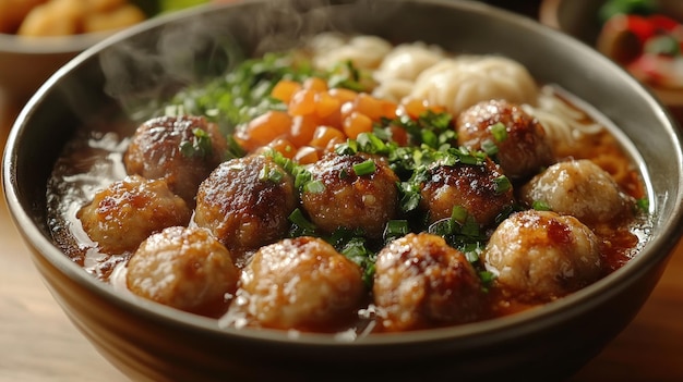 PSD uma tigela de sopa de macarrão quente com bolinhas de carne adornadas com ervas frescas