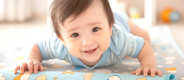 PSD un bambino sorridente in un abito blu che si diverte a giocare su un colorato