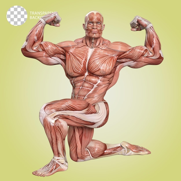 PSD un corpo umano con muscoli bodybuilder posare isolato 3d render illustrazione