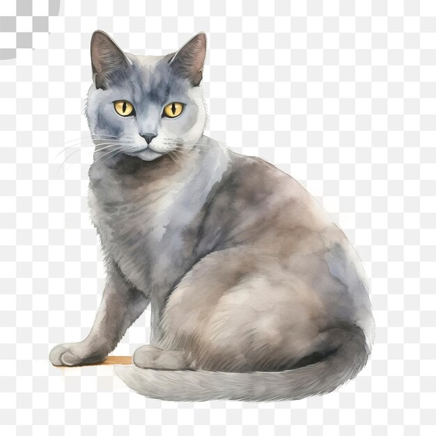 PSD un gatto grigio con gli occhi gialli siede su uno sfondo blu - download di png gatto