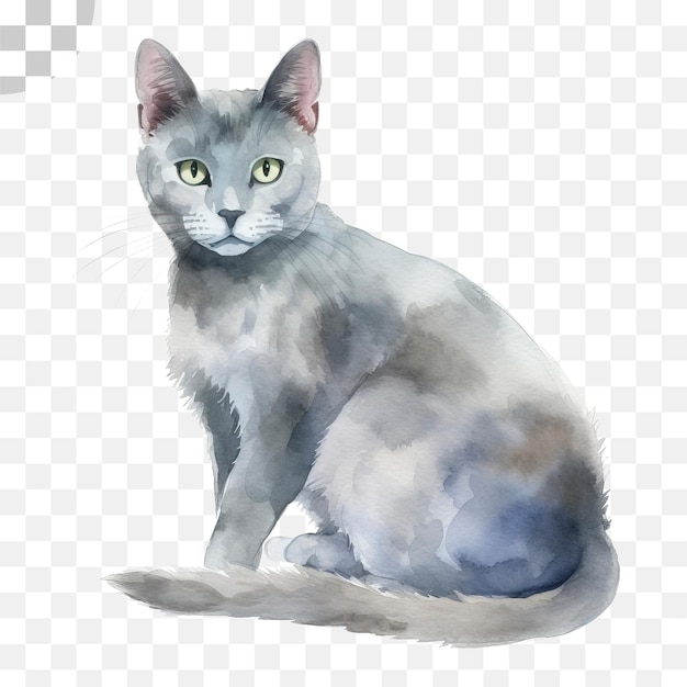 PSD un gatto grigio con gli occhi gialli siede su uno sfondo trasparente, il gatto blu download png