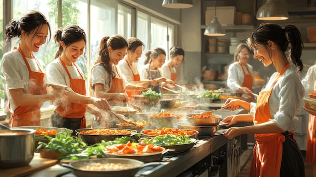 PSD un gruppo di giovani donne con grembiuli arancione cucinano insieme in una cucina luminosa sono tutte sorridenti e si divertono