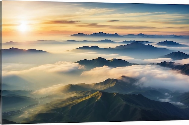 PSD un'immagine di montagne e nuvole con il sole che tramonta dietro di loro