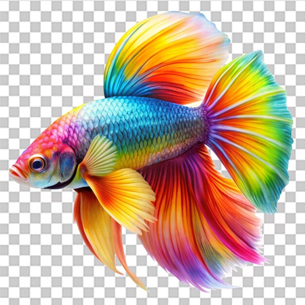 PSD un pesce colorato con una lunga coda gialla e un vibrante disegno arcobaleno su uno sfondo trasparente