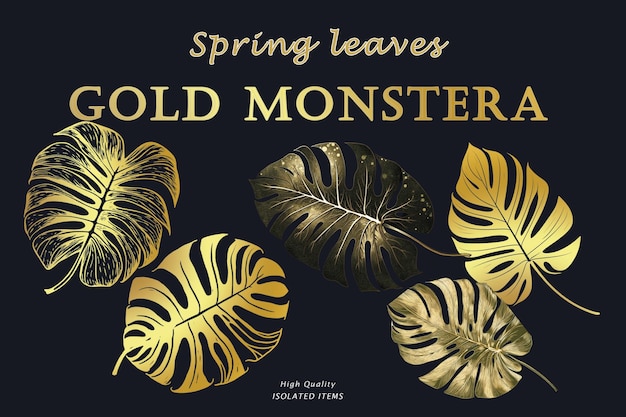 PSD un poster di foglie d'oro con scritto "monstera d'oro".