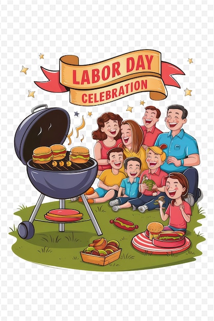 PSD un poster di una famiglia che cucina cibo con un nastro rosso attorno alle parole " labor day "