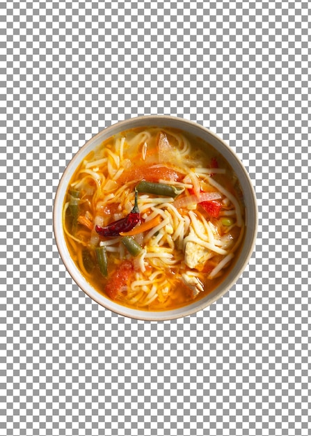 PSD una ciotola di zuppa di noodle istantanea con verdure e noddles caldi su sfondo trasparente isolato