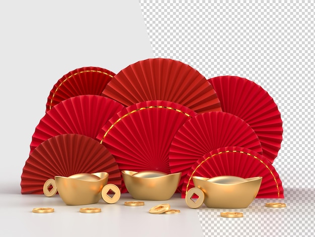 PSD ventilador de papel ano novo chinês com decoração de moeda de ouro conceito de estilo oriental asiático de feliz ano novo chinês festiva renderização em 3d