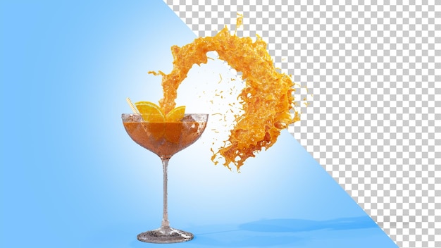 Verre de jus d'orange et éclaboussures de rendu 3d Cocktail d'orange et éclaboussures Le jus se déverse du verre