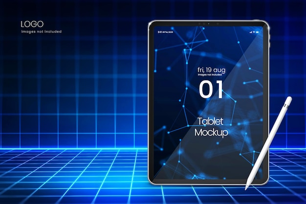 PSD vertikales tablet-modell und stift auf blauem neonhintergrund