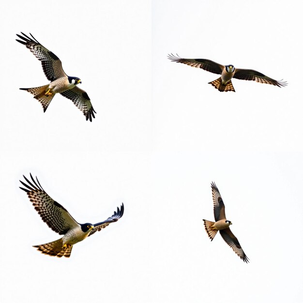 PSD vier wanderfalken fliegen gegen den blauen himmel, der zentrale falke fliegt mit geöffneten flügeln.