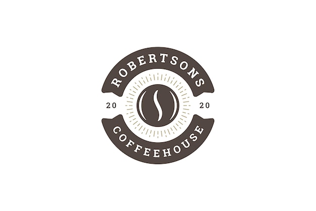 PSD vintage-kreis-kaffeebohnen mit sonnenstrahlen und festlichem band dekoratives logo-schablonendesign