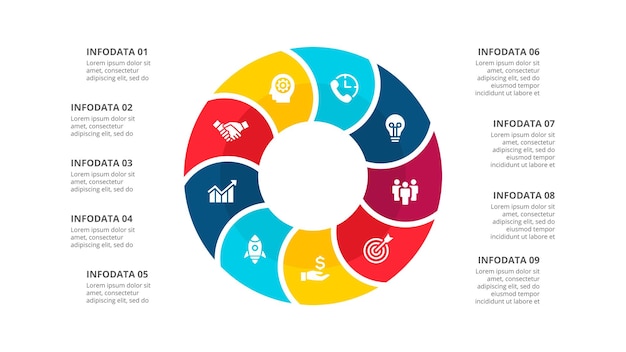 Visualizzazione dei dati aziendali con 9 passaggi Concetto creativo per l'infografica del ciclo