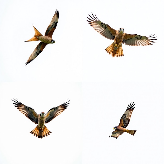 PSD vögel im flug auf einem isolierten transparenten hintergrund vier kestrel-vögel breiten ihre flügel unterschiedlich aus