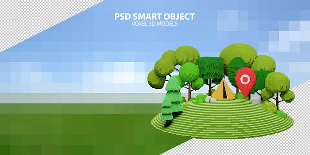 PSD voxel 3d-modelle von zeltcamping im wald mit intelligenten psd-objekten mit kartenstift auf pixeligem hintergrund