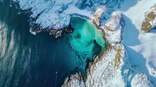 PSD vue aérienne d'une côte enneigée avec un lagon turquoise