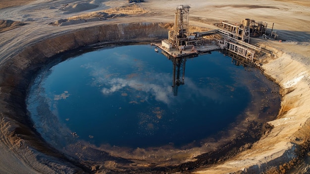 PSD vue aérienne d'un cratère rempli d'eau avec des machines industrielles reflétées dans l'eau