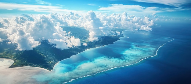 PSD vue aérienne d'une île avec des montagnes verdoyantes et des eaux bleues cristallines