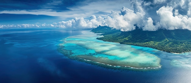 PSD vue aérienne d'une île tropicale aux montagnes verdoyantes et à l'eau turquoise