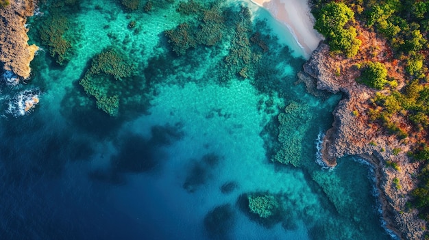 Vue aérienne d'une plage tropicale avec des eaux turquoises et des récifs coralliens