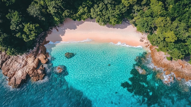 Vue aérienne d'une plage tropicale isolée avec des eaux turquoises et du sable blanc